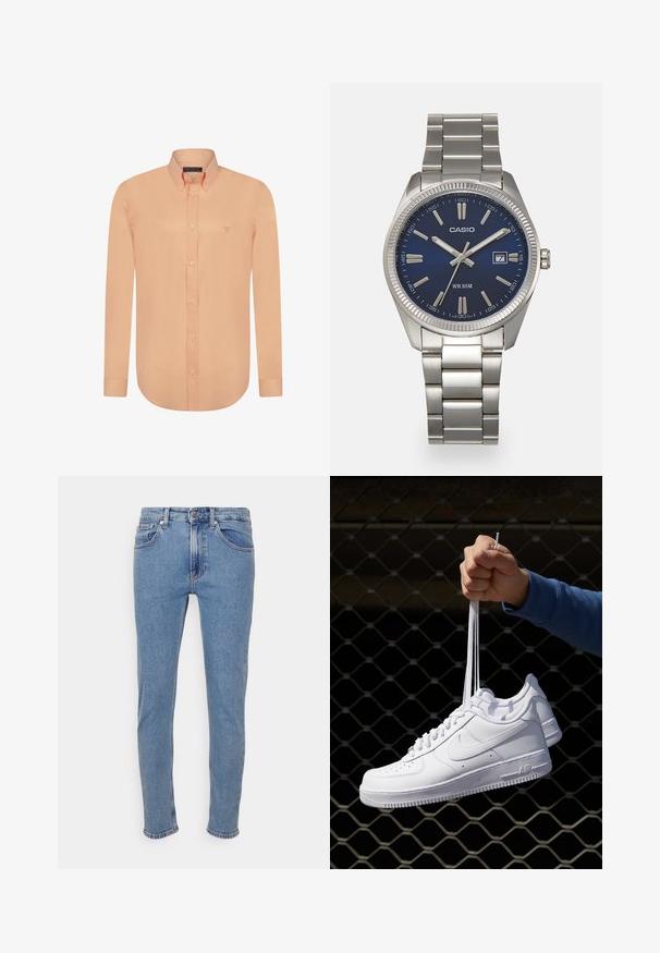 Felix Hardy Overhemd - salmon; Lichtblauwe slim-fit jeans met een voorste knop en rits, voor- en achterzakken, weergegeven op een witte achtergrond.; Witte leren sneakers met perforaties, ronde neus, vlakke zool en dikke veters, met een zichtbare swoosh-logo en "AIR" op de hiel.; Zilveren roestvrijstalen horloge met een marineblauwe wijzerplaat, metalen uurmarkeringen en een datumnis op 3 uur. Waterbestendig tot 50 meter.