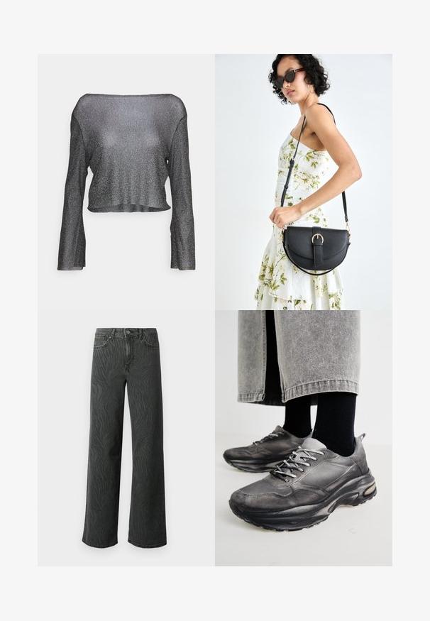 Skraćeni, dugih rukava, crni top s metalnim sjajem. Izrađen od prozirnog, laganog materijala, s širokim izrezom i ravnim rubom.; Široke traperice od tamno sive denima, s nježnom zebrom uzorak tekstura, kontrastnim šavovima i dizajnom s pet džepova uz dugme.; Crne i sivo sportske cipele imaju mrežastu gornjište, debele potplate i vezice. Imaju zaobljen vrh i vidljive detalje s jastučićima.; Crna kožna torba s lukovitim oblikom, odvojivim remenom i zlatnim detaljima. Torba ima preklop s kopčom.