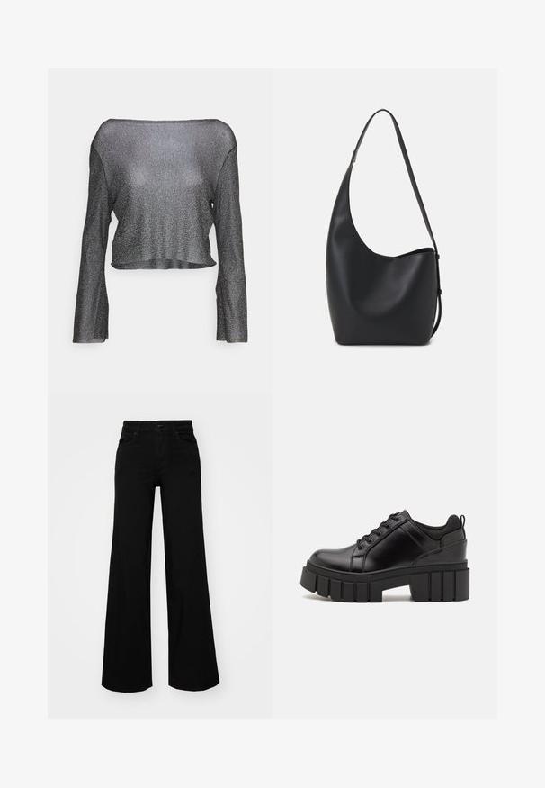 Mustavärviline, metallilise sädelusega lühikese lõikega pika varrukaga pluus. Valmistatud õhukesest ja läbipaistvast kangast, millel on lai kaelus ja sirge äär.; Mustad mustad püksid, mis on valmistatud denimist, struktuurse vöökohtade, vöökootidega ja esikottidega. Sile tekstuur klassikalise disainiga.; Must musta platvormsussid paksu plokkninal, ümmarguse varbaga ja traditsioonilise nööridega kinnitamisega. Sussid on sileda tekstuuriga ja minimaalsete detailidega.; Mustast nahast hobo kott, millel on sile tekstuur, kumer kuju ja üks reguleeritav rihm; peal on lai avaus.