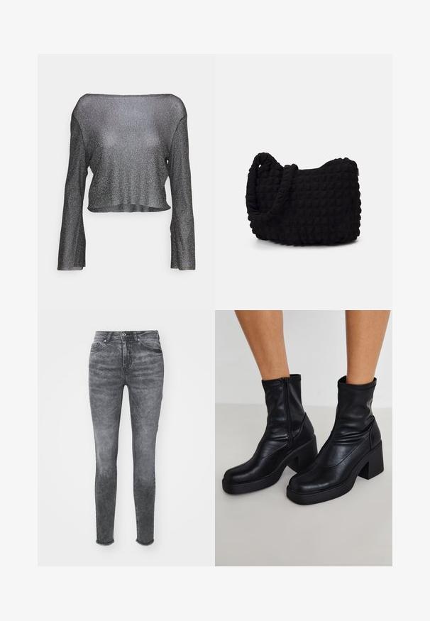 Kratko krojen zgornji del z dolgimi rokavi v črni barvi z metalnim leskom. Narejen je iz prosojne, lahkotne tkanine, z širokim izrezom in ravnim robom.; Tanke oziroma ozke kavbojke v zbledeli sivi barvi, z visokim pasom, gumbom za zapiranje in obrabljenim robom. Narejene iz denima z rahlimi spremembami teksture.; Črne usnjene gležnjarje z visokim blokastim petam, z stranskim zadrgo, gladko teksturo in koničastim oblikovanjem prstov.; Črn platneno torba z strukturiranim, quilted vzorcem. Okrogla oblika, kratki, debeli ročaji in mehak, fleksibilen konstrukt.