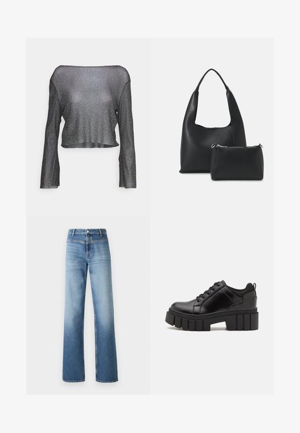 Skraćeni, dugih rukava, crni top s metalnim sjajem. Izrađen od prozirnog, laganog materijala, s širokim izrezom i ravnim rubom.; Svijetloplave traperice s visokim strukom, ravnim nogavicama, izblijedjelim pranjem i klasičnim pet džepova. Završene kopčom na gumbe.; Crne kožne platforme s debelim blok-peta, okruglim prstima i klasičnim dizajnom vezanja. Imaju gladak tekstur i minimalne detalje.; Even&Odd Ručna torba - black