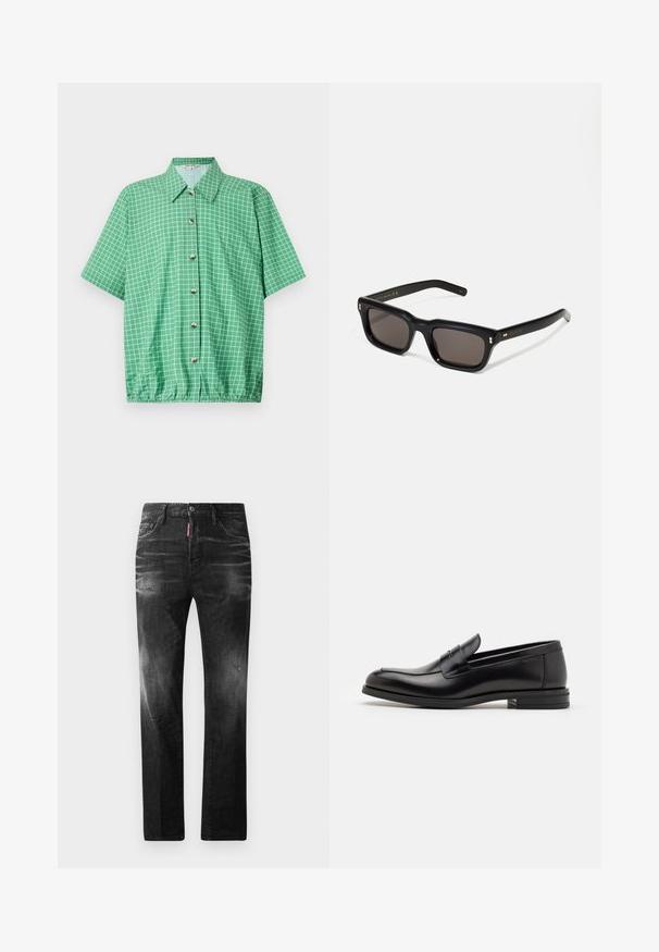 Camisa verde de manga curta com padrão de grelha, fecho de botão e bainha elástica. Feita de tecido leve com colarinho clássico.; Jeans de denim preto com um corte reto. Apresentam áreas desbotadas, ligeira degradação, design clássico de cinco bolsos e um fecho de botão.; Mocassins de couro preto com uma textura suave, bico arredondado e uma faixa decorativa sobre o peito do pé. Salto baixo e empilhado, design minimalista.; Óculos de sol retangulares pretos com lentes escuras, armação de plástico espesso, detalhes em dourado nas hastes e logotipo da marca gravado na lateral.