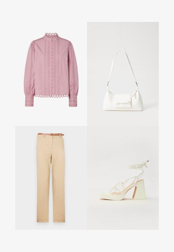 Ροζ μπλούζα με ψηλό γιακά, μπροστινό κλείσιμο με κουμπιά και διακοσμητική δαντέλα κατά μήκος των μανικιών και των πλευρών. Μαλακό ύφασμα με υφή.; Μπεζ chinos φτιαγμένα από ελαφρύ ύφασμα, με ίσια γραμμή, πλαϊνές τσέπες και καφέ δερμάτινη ζώνη με ορθογώνια αγκράφα.; Λευκό πέδιλο με ψηλό τακούνι και χοντρή φτέρνα, διαθέτει σχέδιο με λουριά και λουράκι στον αστράγαλο. Λείο υλικό με μπροστινό πλατφόρμα για επιπλέον ύψος.; Λευκή συνθετική τσάντα σε τριγωνικό σχήμα, με επίπεδη μπροστινή καπάκι και λεπτομέρεια φιόγκου, ρυθμιζόμενο λουράκι, απαλή υφή και μινιμαλιστικό σχέδιο.