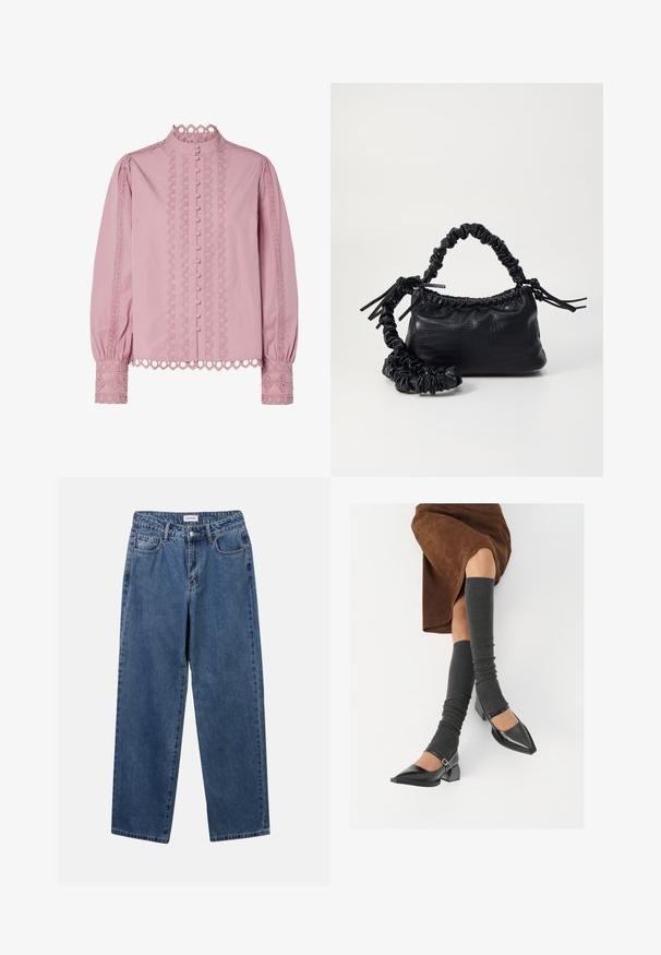 Roza bluzica s visokim ovratnikom, dugmetima na prednjem dijelu i dekorativnom čipkastom obrubom uz rukave i strane. Mekana tkanina s teksturiranim detaljima.; Klasične plave traperice s ravnim nogavicama, pet džepova i dugmadom za zatvaranje. Imaju srednje pranje i čvrstu teksturu.; Crne lakirane cipele s šiljastim prstima, blok-petom i remenom oko gležnja, uparene s sivim rebrastim čarapama do koljena i smešnom suknjom od antilopa.; Crna torba od umjetne kože s teksturom krokodila, s cinčanim vrhom i naboranom trakom. Izgleda mekano i kompaktno u dizajnu.