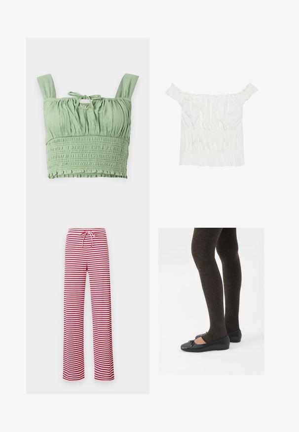 Hellgrünes Crop-Top mit geraffter Textur, breiten Trägern und gebundenem Ausschnitt. Verfügt über gerafften Stoff für eine lockere Passform.; Weißes Off-Shoulder-Top mit Rüschendetails, gepufftem Textil und einem elastischen Bund. Hergestellt aus weichem Baumwollstoff.; Rote und weiße gestreifte, locker sitzende Hose mit Kordelzug und geriffelter Textur. Das gerade Beinendes Design reicht bis zur Knöchellänge.; Schwarze flache Schuhe mit einem kleinen Schleifendetail an der Zehe, kombiniert mit dunkelbraunen gerippten Strumpfhosen. Die Schuhe haben eine glatte Textur und ein niedriges Profil.
