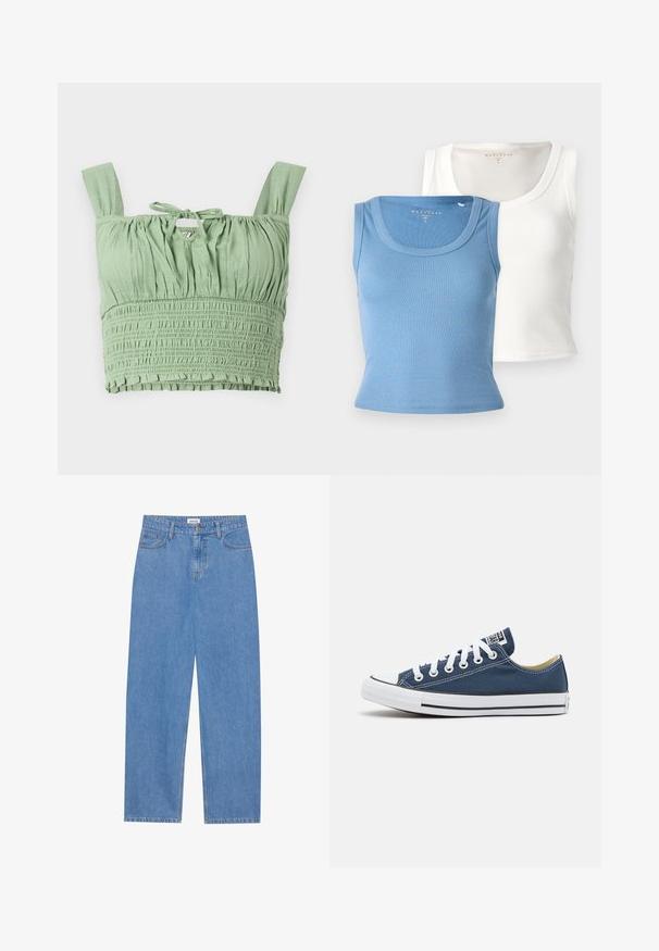 Svetlo zelena kratka majica s smokanjem, širokimi trakovi in zavezanjem na vratu. Ima nabran material za sproščen fit.; Dve rebraste majice brez rokavov: ena svetlo modra in ena bela. Vsaka ima okroglo ovratnik in prilegajočo silhueto, ki poudarja teksturo tkanine.; Svijetloplavi traper hlače ravnog kroja, s dizajnom od pet džepova, jednim dugmetom za zatvaranje i suptilnim šavovima.; Platneni copat v mornarsko modri barvi z belimi očesi in vezalkami, ki ima bel gumijast zaščitnik za prste in črno črto ob podplatu.