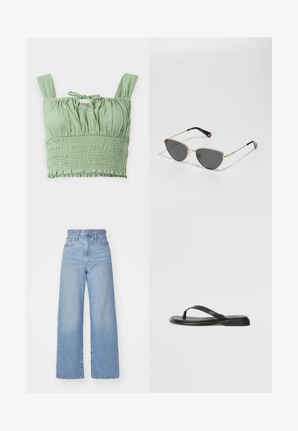 Lichtgroene crop top met smockstructuur, brede bandjes en een gestrikte halslijn. Bevat gathered stof voor een relaxte pasvorm.; Lichtblauwe high-waist wijde jeans met een knoop- en ritssluiting aan de voorkant, voor- en achterzakken, op een witte achtergrond.; Zwarte teenflip-flop van glad leer, met een dunne band en een platte zool met een minimalistisch profiel. Geen opvallende patronen of accenten.; Gouden metalen zonnebril met donkere lenzen, kattenschoen-vorm, en zwarte pootarmen met een regenboogaccent aan de ene kant.; Witte leren handtas met een doorgetrokken creme geweven stof aan de onderkant. Voorzien van een gouden handvat en een opgerolde witte schouderband voor veelzijdigheid.