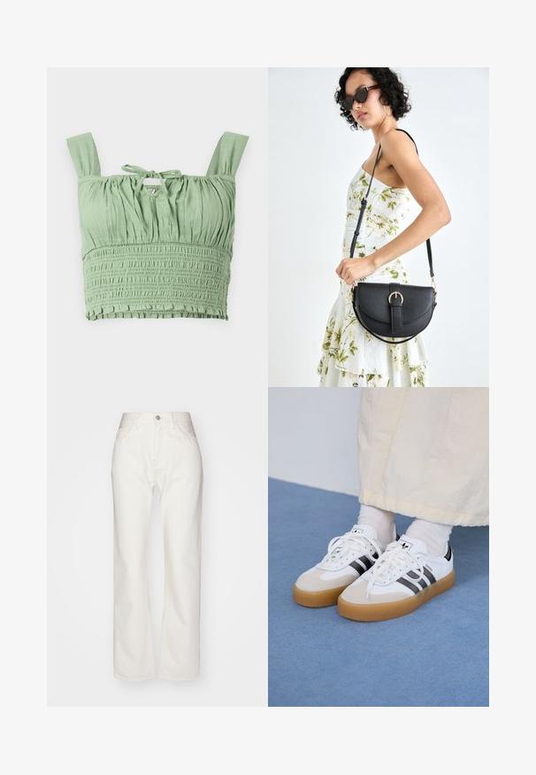 Top corto verde chiaro con texture arricciata, spalline larghe e scollo annodato. Presenta tessuto arricciato per una vestibilità rilassata.; Pantaloni in denim bianco con vita alta e taglio ampio. Presentano chiusura con bottone e zip, passanti per cintura e dettagli di cucitura sottili.; Sneakers bianche con strisce nere e accenti in suede beige. Presentano una suola in gomma texturizzata e lacci bianchi piatti, indossate con calzini di colore chiaro.; Borsa a tracolla nera in pelle con una forma curva, manico rimovibile e accessori dorati. La borsa presenta una patta con un dettaglio a fibbia.