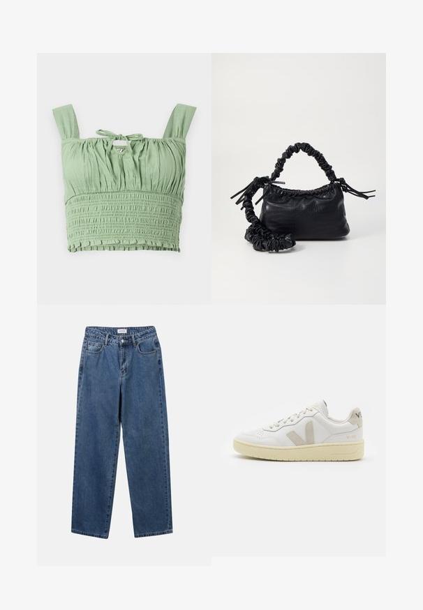 Lys grønn crop top med smocket tekstur, brede stropper og knyttet halslinning. Har samlet stoff for en avslappet passform.; Klassiske blå denimjeans med rett ben-design, fem lommer og knappelukking. Har en middels vask og solid tekstur.; Hvite lær sneakers med beige semsket detaljer, perforert tåboks, flate lisser og en teksturert kremfarget såle. Har subtil branding på hælen.; Svart faux skinn-håndveske med krokodilletekstur, strammet topp og en rynket stropp. Ser myk og kompakt ut i designen.