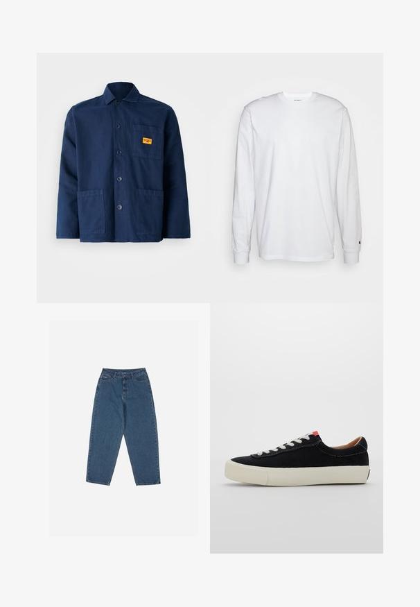 Navyblauwe katoenen jas met een puntige kraag, knopen aan de voorkant, twee grote zakken en een klein geel label op de borst.; Witte lange mouwen T-shirt van katoen. Ronde hals ontwerp met ribgebreide manchetten en een klein logo op de linkermouw. Gladde textuur.; Blauwe denim jeans met een ontspannen pasvorm, hoge taille, vijf-pocket ontwerp en stikselaccenten. Voorzien van een knoop- en ritssluiting.; Zwarte stoffen sneaker met witte veters, beige rubberen zool en rode accent aan de hiel. Rond toe en minimale stikseldetails.