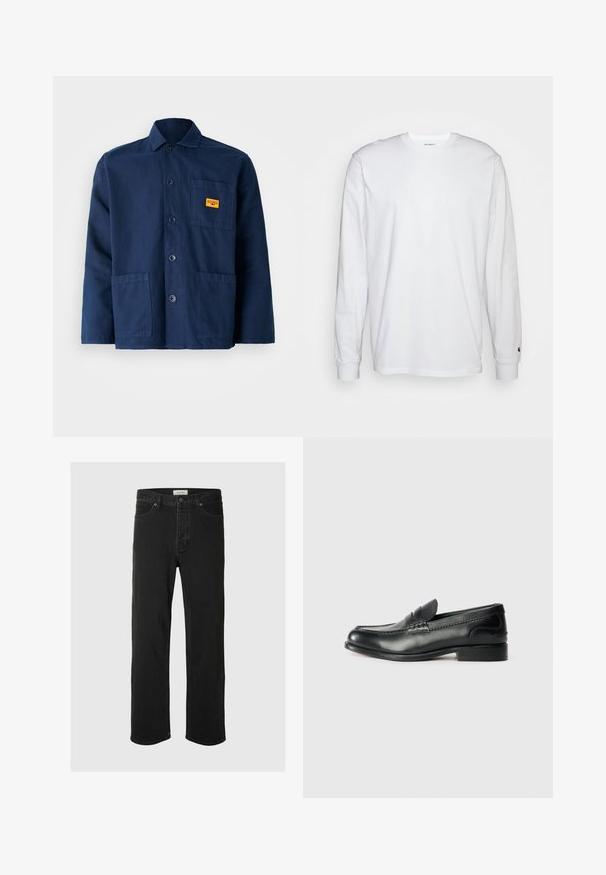 Navyblauwe katoenen jas met een puntige kraag, knopen aan de voorkant, twee grote zakken en een klein geel label op de borst.; Witte lange mouwen T-shirt van katoen. Ronde hals ontwerp met ribgebreide manchetten en een klein logo op de linkermouw. Gladde textuur.; Zwarte denim rechte jeans hebben een klassiek vijf-pocket ontwerp met knoopsluiting, minimale stiksels en een zachte textuur.; Zwarte leren instappers met een gladde afwerking, gestikte details over de bovenkant en een licht verhoogde hak.