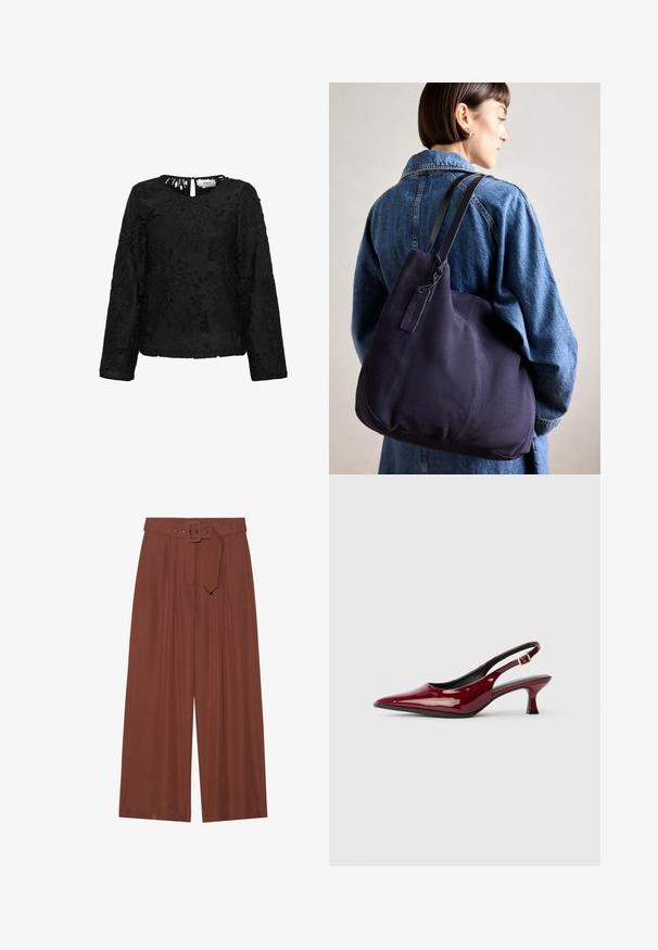 Top nero a maniche lunghe con un intricato design in pizzo floreale, scollatura a barca e piccolo buchino sul retro. Finitura texturizzata.; Pantaloni a gamba larga in tessuto marrone, con cintura a fibbia quadrata, design plissettato e texture liscia.; Décolleté in pelle verniciata bordeaux con punta affusolata e tacco a spillo elegante. Design aperto sul retro con dettaglio della fascia alla caviglia regolabile.; Borsa a spalla in tela blu navy con una forma morbida e strutturata, dotata di una tracolla nera, dettagli cuciti e una piccola etichetta del marchio.