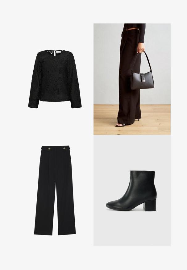 Črna dolga majica z dolgimi rokavi, ki ima zapleten dizajn cvetličnega čipke, širok izrez in majhno ključavnico na hrbtni strani. Teksturirana površina.; Črne široke hlače s visokim pasom, gumbnimi detajli na pasu in sprednjimi gubami.; Črne usnjene gležnjarje s koničastim nosom in debelim peto. Gladka tekstura z minimalnimi detajli in eleganten, prilegajoč dizajn.; Črna torbica z strukturirano obliko, gladko teksturo in kovinskim zaponko. Ujemajo se z širokimi črnimi hlačami in odprtimi sandali na lesenem tleh.