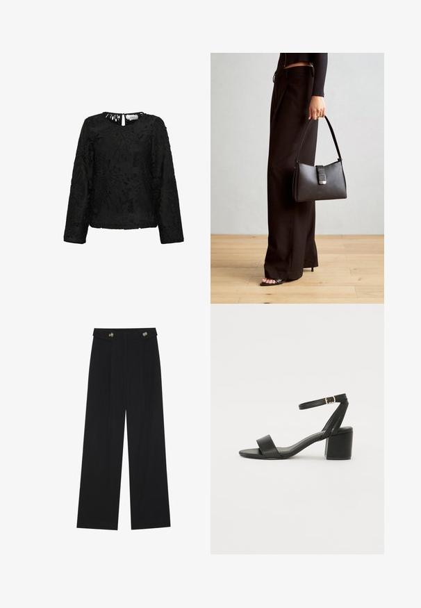 Čierny top s dlhými rukávmi, ktorý sa vyznačuje zložitým kvetinovým čipkovým vzorom, má okrúhly výstrih a malý otvor na chrbte. Štruktúrovaný povrch.; Čierne široké nohavice s vysokým pásom, so zapínaním na gombíky na páse a prednými sklady.; Čierne sandále na podpätku so hladkým koženým vrchom, otvorenou špičkou, širokými prednými prúžkami a nastaviteľným členkovým popruhom so zlatým prackom.; Čierna kabelka so štruktúrovaným tvarom, hladkou textúrou a kovovou sponou. V kombinácii so širokými čiernymi nohavicami a sandálmi s otvorenou špičkou na drevenej podlahe.