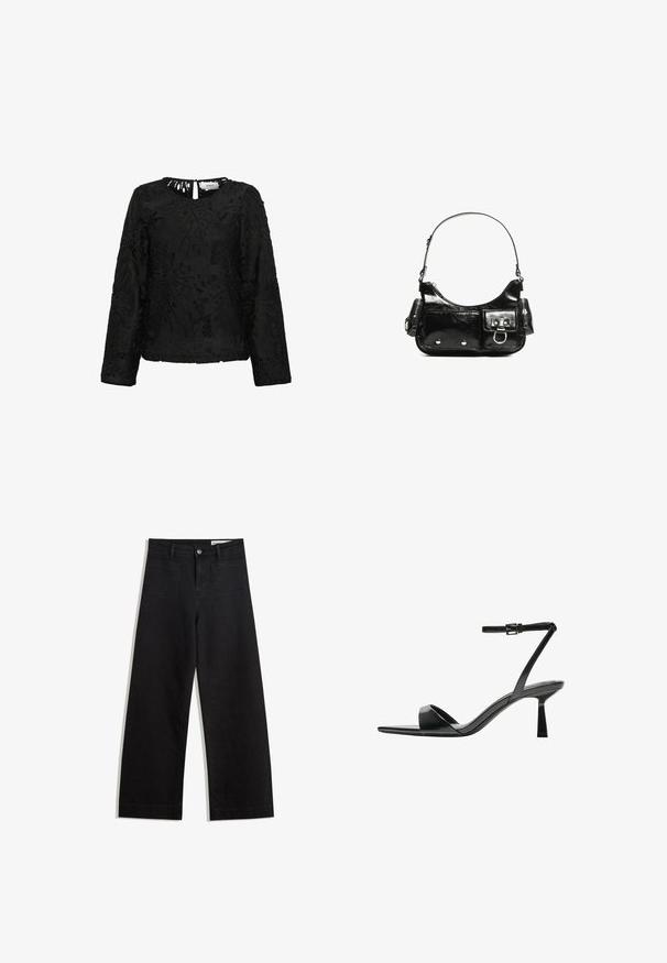 Zwarte langemouwen top met een verfijnd bloemen kantontwerp, een ronde halslijn en een kleine sleutelgatopening aan de achterkant. Geverfde afwerking.; Zwarte denim broek met wijde pijpen en een hoge taille, voorzien van voor- en achterzakken, gestikte naden en een knoopsluiting. Gladde textuur.; Bershka Sandalen met hoge hak - black; Zwarte laarzen in lakleer met een gebogen vorm, één schouderband, voorvakken en accenten in zilverkleurig metaal.