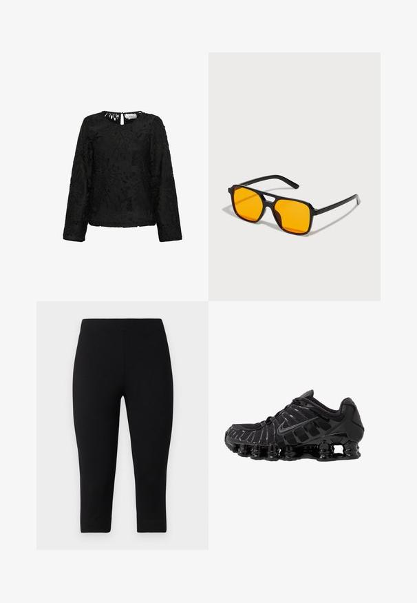 Top nero a maniche lunghe con un intricato design in pizzo floreale, scollatura a barca e piccolo buchino sul retro. Finitura texturizzata.; Leggings capri neri realizzati in materiale elasticizzato, con una vestibilità aderente e una texture liscia, privi di motivi o accenti prominenti.; Scarpa sportiva nera con tomaia in mesh e sovrapposizioni lucide. Presenta un'imbottitura a molla curva e linee texturizzate sul lato. Logo Nike visibile.; Occhiali da sole rettangolari neri con lenti arancioni audaci. Presentano un design unico del ponte e aste eleganti, realizzati in materiale leggero.; Even&Odd Shopping bag - black