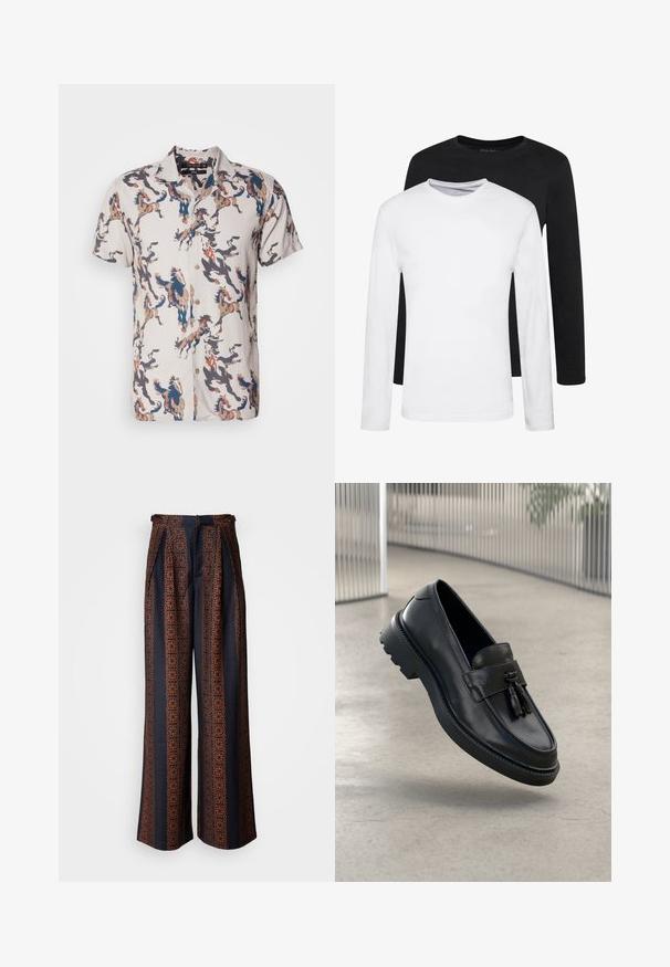 Īsām piedurknēm krekls no viegla auduma, kas raksturojas ar bēša krāsu un krāsainiem zirgu motīviem zilos, brūnos un melnos toņos. Ar pogām priekšpusē.; Divas garām piedurknēm, viens melns un otrs balts, izgatavoti no kokvilnas ar apaļām kakla izgriezumiem un gludu tekstūru, izvietoti sakrautas kārtībā.; Plati kāju bikses tumši zilā audumā ar sarežģītu oranžu ģeometrisku rakstu, ar plecu priekšpusi un pieguļošu jostasvietu.; Melnas ādas loaferi ar gludu apdari, dekoratīvu bārkstīm, biezu gumijas zolīti un izšūtām detaļām. Viegls un elegants dizains.