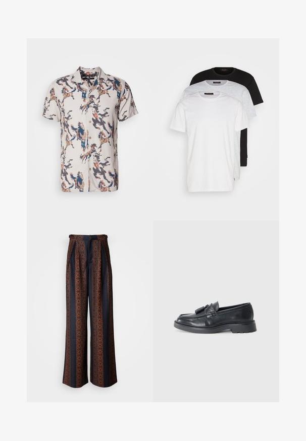 Kortermet skjorte i lett materiale med en beige base og fargerike hestemønstre i blå, brun og svarte toner. Knappeåpning foran.; Tre crew neck t-skjorter i hvit, lys grå og svart. Laget av myk bomull, med korte ermer og en avslappet passform.; Vide benbukser i mørkeblå stof med et indviklet orange geometrisk mønster, med plisseret front og en tætsiddende talje. ; Sorte skinnloafers med rund tå, en stropp med frynser og en tykk såle med mønster. Glatt tekstur og klassisk design.