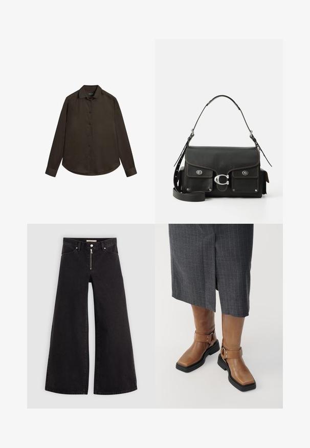 Donkerbruin overhemd met lange mouwen, een button-down kraag, knopen aan de voorkant en een afgeronde zoom. Gemaakt van een soepele, effen stof.; Wijdvallende jeans van zwarte denim met een ritssluiting aan de voorkant, vijf zakken en subtiele stikdetails. Soepele textuur en casual stijl.; Bruine leren kniehoge laarzen met een vierkante neus, zwarte rubberen zool en verstelbare gespsluiting. Draagt bij een grijze streeprok.; Zwarte leren handtas met een klep-sluiting, zilverkleurige hardware, twee voorzakken, contrasterende stiksels en een afneembare schouderriem.