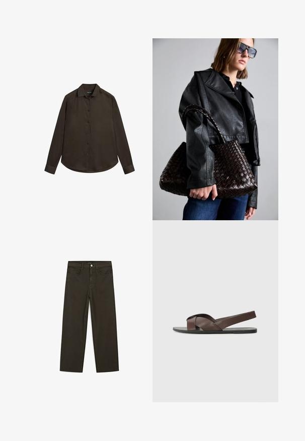 Dunkelbraunes Langarmshirt mit Knopfleiste am Kragen, Knöpfen vorne und abgerundetem Saum. Hergestellt aus einem glatten, einfarbigen Stoff.; Dunkelgrüne Jeans im weit geschnittenen Style, hergestellt aus einem Baumwollgemisch. Sie verfügen über einen Frontknopfverschluss, fünf Taschen und klassische Denim-Nähte.; Braune Ledersandale mit einem Kreuzriemen-Design, flacher schwarzer Sohle und verstellbarem Rückriemen. Glatte Textur und minimale Hardware-Details.; DRAGON DIFFUSION SANTA CROCE BIG - Handtasche - dark brown