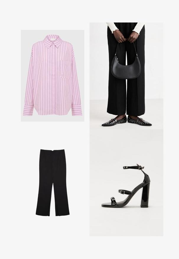 Light pink long-sleeve shirt with vertical black stripes, button-down collar, and single patch pocket on the left chest. Soft fabric texture.; Black trousers with a straight fit, featuring front pockets and side slits at the hem. Made of soft, smooth fabric. Suitable for various occasions.; Black patent heeled sandals with a square toe, ankle straps, and silver buckles. Features a chunky block heel for stability.; Black leather shoulder bag with a rounded shape, glossy finish, and silver hardware. Person wearing black wide-leg pants and studded loafers.