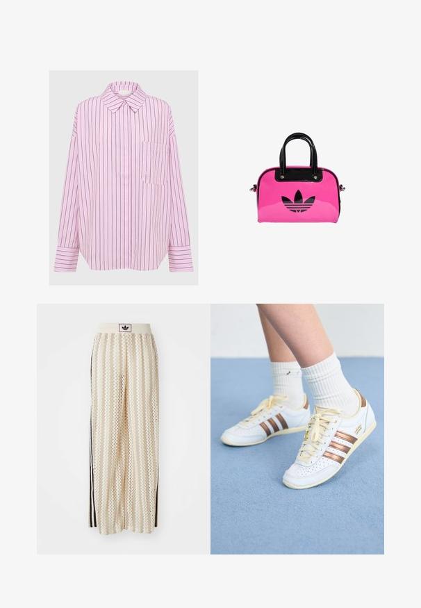 Light pink long-sleeve shirt with vertical black stripes, button-down collar, and single patch pocket on the left chest. Soft fabric texture.; Cream-colored wide-leg pants with a zigzag pattern, featuring a black logo waistband and side black stripes. Lightweight, textured fabric.; White sneakers with bronze stripes, textured leather, yellow laces, and perforated details. Worn with white ribbed socks on a soft blue surface.; Pink patent handbag with a black logo and handles, featuring a rounded shape and zipper closure. Glossy texture enhances visibility.