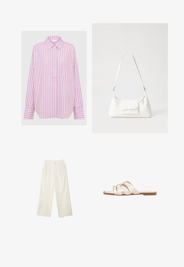 Svetlo roza lahko srajco z dolgimi rokavi in navpičnimi črnimi črtami, z gumbi na ovratniku in enojno zaklopno žep na levi strani prsnega dela. Mehka tekstura tkanine.; Hlače širokih nogavic iz kremaste tkanine z gladko teksturo, z enim sprednjim gumbom, diskretnimi plisami in visokim pasom.; Ravne sandale s svetlo rjavim gumijastim podplatom, zasnovane s tremi prekrivajočimi se belimi usnjenimi trakovi in majhnim lokom na sredini.; Bela sintetična torbica v obliki trikotnika, z ravnim sprednjim poklopcem in detajlom mašne, nastavljivim trakom, gladko teksturo in minimalističnim dizajnom.