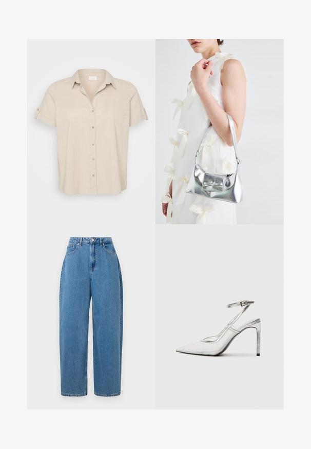 Camisa bege de manga curta com colarinho pontudo, fecho frontal com botões e mangas dobradas. Fabricada em um tecido leve e texturizado.; Calças de ganga azul claro com um corte de perna reta, cintura alta e fecho de botão na parte da frente. Apresenta cinco bolsos e detalhes de costura mínimos.; Shoe com salto stiletto claro e bico fino, material transparente, detalhes metálicos prateados e tira ajustável no tornozelo.; Bolsa metálica prateada com uma forma estruturada, apresentando uma alça superior e um detalhe de laço na frente. Textura suave, acabamento reflexivo.