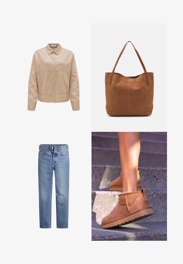 Beige overhemdd met een kraag, gemaakt van gladde stof. Heeft een getailleerde pasvorm, zijzakken en ribbelaccenten op de mouwen.; Lichtblauwe spijkerbroek met een rechte snit, vijf zakken en een knoopsluiting. Heeft subtiele vervaging en oranje stikselaccenten.; Tamme suède enkelboots met een zachte textuur, gestikte details en een rubberen zool, met een lusvormige hak voor gemakkelijk aan- en uittrekken.; Bruine suède shoppers met twee lange handvatten, met een gladde textuur, eenvoudig ontwerp en zonder zichtbare hardware of accenten.
