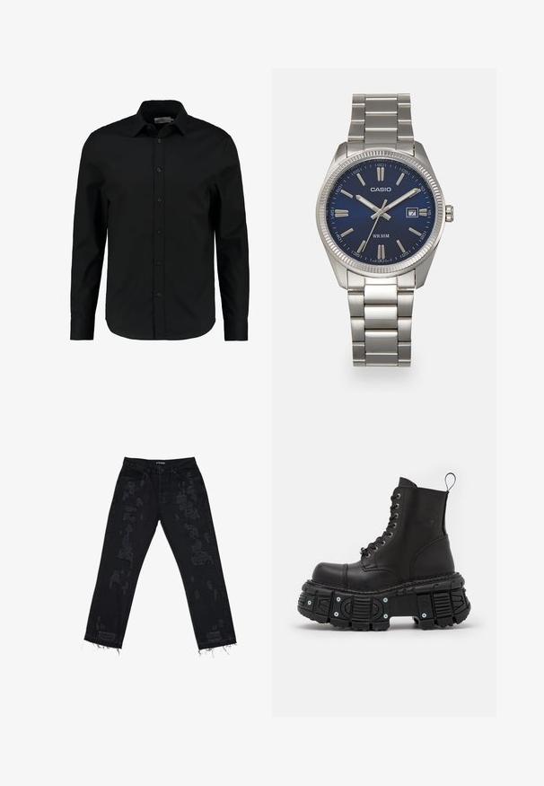 Black long-sleeve shirt made of smooth fabric, features a button-up front, pointed collar, and a tailored fit with a curved hem.; Black denim jeans with distressed patches, relaxed fit, frayed hem, and standard five-pocket design. The fabric appears durable and textured.; Black leather combat boots with a high shaft, lace closure, chunky rubber sole, and metal accents on the sole's base.; Silver stainless steel wristwatch with a navy blue dial, metallic hour markers, and a date window at 3 o'clock. Water-resistant to 50 meters.