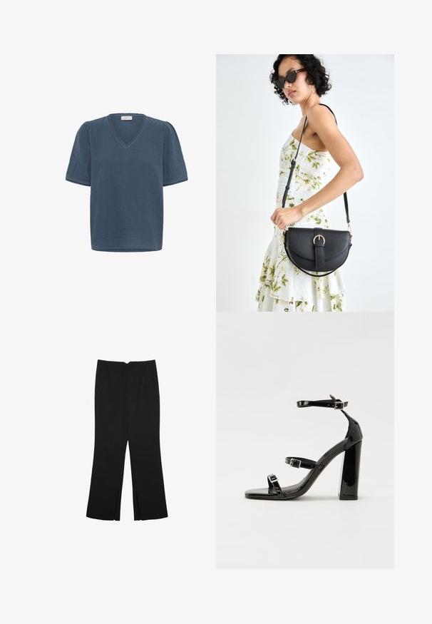 Kaffe MAI - T-shirt con stampa - ensign blue; Pantaloni neri a gamba dritta, con tasche frontali e spacchi laterali all'orlo. Realizzati in tessuto morbido e liscio. Adatti a diverse occasioni.; Sandali con tacco in vernice nera, con punta squadrata, cinturini alla caviglia e fibbie in argento. Presentano un tacco a blocco spesso per maggiore stabilità.; Borsa a tracolla nera in pelle con una forma curva, manico rimovibile e accessori dorati. La borsa presenta una patta con un dettaglio a fibbia.