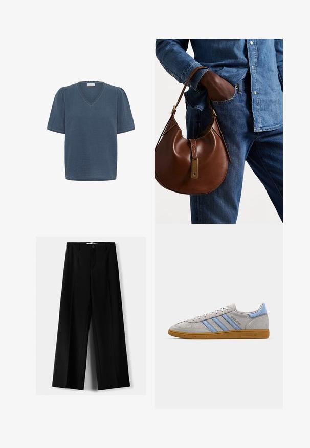 Kaffe MAI - T-Shirt print - ensign blue; Schwarze weite Hosen aus leichtem Stoff, mit einem Knopfverschluss vorne und flachem Bund, mit sorgfältig genähten Säumen.; Grau Wildleder Sneaker mit hellblauen Streifen, gummiertem Sohlenmaterial und Logo-Akzenten. Niedriges Design mit runder Zehenform und Schnürverschluss.; Braune Leder-Hobo-Tasche mit runder Form, ausgestattet mit goldenen Hardware-Details und kontrastierenden Nähten. Kombiniert mit einem Jeanshemd und Jeans.