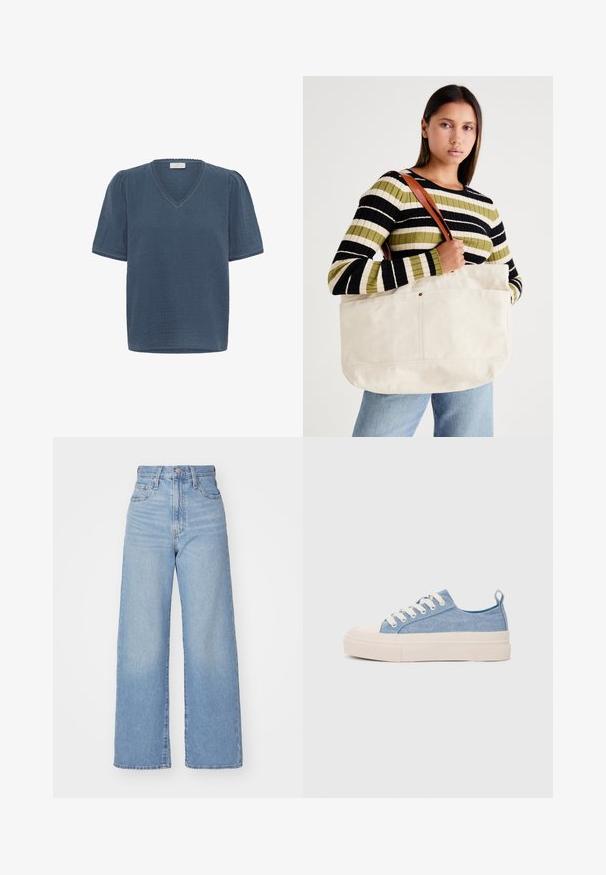Kaffe MAI - T-shirt con stampa - ensign blue; Jeans a vita alta blu chiaro con gamba larga, chiusura frontale con bottone e zip, tasche anteriori e posteriori, su uno sfondo bianco.; Sneakers di tela blu chiaro con punta e suola in gomma crema, dotati di lacci bianchi e un cinturino sul tallone.; Grande borsa in tela beige con manici in pelle marrone, caratterizzata da un design minimal e dettagli di cucitura visibili.