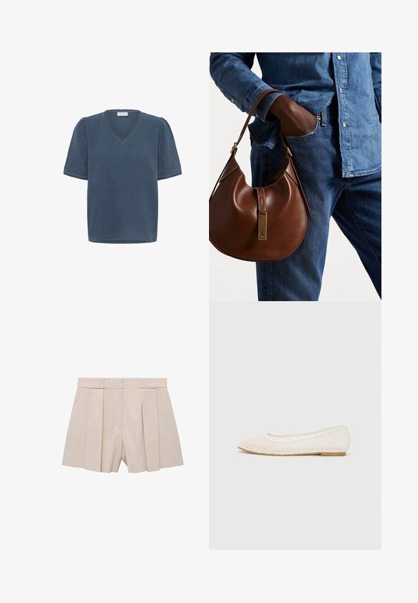 Kaffe MAI - T-shirt con stampa - ensign blue; Pantaloni beige plissettati con design sartoriale, caratterizzati da un alto vita e una texture morbida. Quattro plissettature frontali creano volume. Senza tasche.; Scarpa piatta bianca con design in rete, punta affilata e suola bassa e piatta. Parte superiore testurizzata con fodera liscia e delicate rifiniture a contrasto.; Borsa hobo in pelle marrone con una forma arrotondata, dotata di dettagli in hardware dorato e cuciture a contrasto. Abbinata a una camicia di jeans e a un paio di jeans.