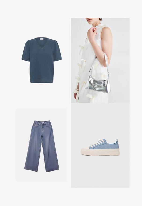 Kaffe MAI - Print T-shirt - ensign blue; Wide-leg denim jeans in a light blue wash, featuring a high waist, front pockets, and a button closure with belt loops.; Light blue canvas sneakers with a cream rubber toe cap and outsole, featuring white laces and a pull tab on the heel.; Silver metallic handbag with a structured shape, featuring a top handle and bow detail on the front. Smooth texture, reflective finish.