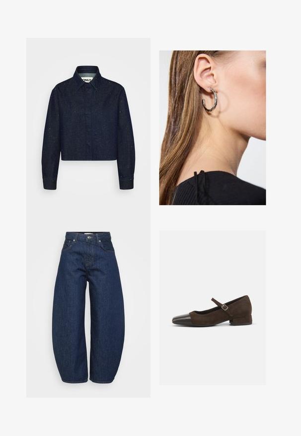 Tmavě modrá denimová košile s krátkým střihem, která má viditelné švy a rozptýlené světlejší skvrny, dlouhé rukávy a špičatý límec.; Tmavě modré džínové kalhoty s širokým, volným střihem. Mají zipový rozparek, čtyři kapsy a kontrastní prošití podél švů.; Hnědé semišové boty Mary Jane s černým lakovaným špičkou, nastavitelným páskem a nízkým blokovým podpatkem. Hladká textura s minimálními akcenty.; Stříbrný kruhový náušník s lesklým povrchem, zdobený malými zlatými akcenty, v kulatém tvaru, nošený na lalůčku.