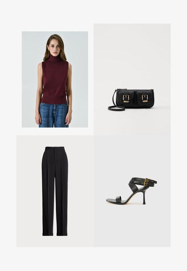 Bordeaux mouwloze coltrui gemaakt van zachte stof, met een getailleerde taille en een gladde textuur, gecombineerd met blauwe denim wijdpijperige broeken.; Zwarte op maat gemaakte broek met een hoge taille, voorzien van plooien aan de voorkant, een recht gesneden ontwerp en een omslagrand. Gemaakt van een soepele stof.; Zwarte hoge hak sandaal met gekruiste bandjes en verstelbare gespsluiting. Heeft een gladde textuur en een taps toelopende stilettohak.; Zwarte leren schoudertas met twee vo pockets, gouden gespen, ritsluiting en een smalle band. Tekstuur oppervlak en compacte rechthoekige vorm.