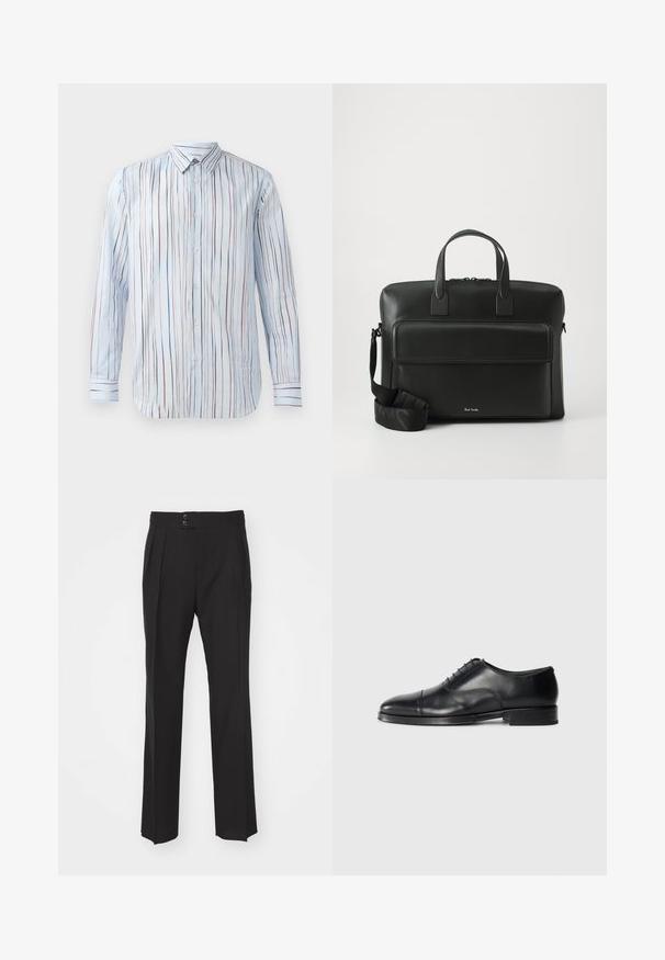 Gestreiftes Langarmhemd in Hellblau mit vertikalen Linien in Rot, Blau und Schwarz. Knopfverschluss vorne mit klassischem Kragen und Manschettendetails.; Schwarze maßgeschneiderte Hose mit geradem Bein, zwei Fronttaschen und einer doppelten Knopfverschluss an der Taille. Glatte Stoffoberfläche.; Schwarze Lederanzugschuhe mit gerundetem Zeh, glatter Oberfläche, Schnürdesign und dezentem Nahtdetail, ausgestattet mit einem niedrigen, flachen Absatz.; Schwarze Lederakte mit doppelten Obergriffen, einer Fronttasche und einem abnehmbaren Tragegurt, mit subtiler Markierung am Boden.