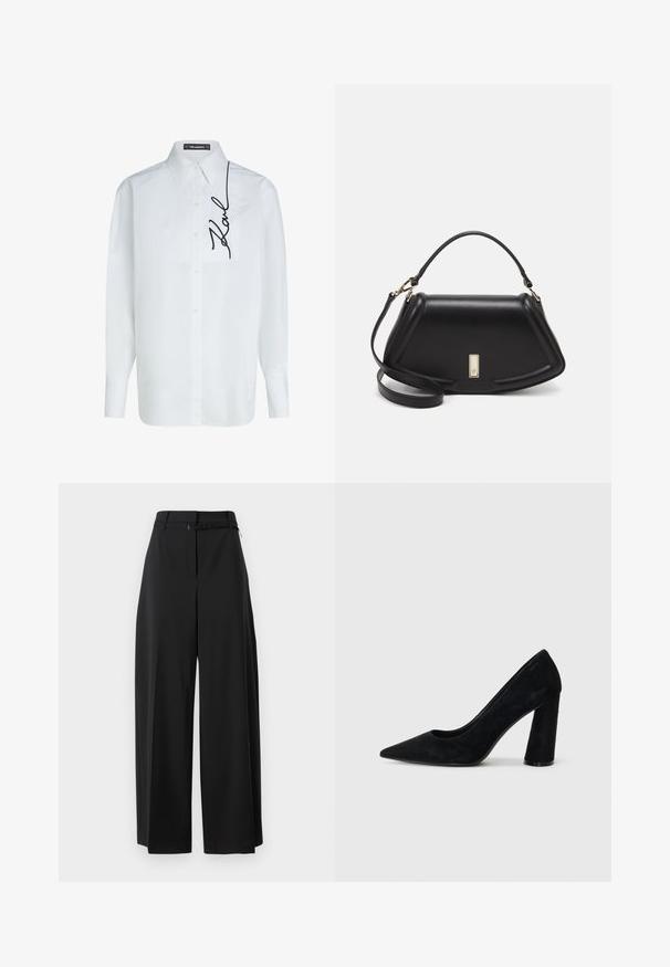 Weißes Baumwollhemd mit langen Ärmeln und Knopfleiste, ausgestattet mit einer linken Brusttasche und schwarzer "Karl"-Unterschrift-Stickerei an der Seite.; Schwarze weite Hose mit hohem Bund und Gurt. Sie hat eine glatte Textur und klare Linien und ist für eine lockere Passform konzipiert.; Schwarze Wildleder-Pumps mit hohen Absätzen, spitzem Schuhkopf und klobigem Absatz. Elegantes Design, glatte Textur und minimalistischer Stil. Keine sichtbare Markenkennzeichnung.; Schwarze Lederhandtasche mit einem strukturierten Design, das eine verkürzte Form, einen oberen Griff und goldfarbene Hardware-Details aufweist. Verstellbarer Schulterriemen ist enthalten.