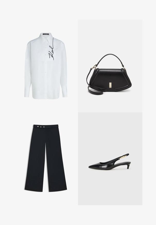 Witte katoenen overhemd met lange mouwen en een knoopsluiting aan de voorkant, voorzien van een linkerkant borstzak en zwarte "Karl" handtekening borduurwerk aan de zijkant.; Zwarte wijde broek met een gladde textuur, voorzien van een platte tailleband, een dubbele knopen sluiting en zijzakken.; Zwarte leren slingback hakken met een spitse neus, voorzien van een slanke hak en een goudkleurige accent op de verstelbare band. Gladde textuur.; Zwarte leren handtas met een gestructureerd ontwerp, featuring een verkorte vorm, bovenhandvat en gouden hardwareaccent. Inclusief verstelbare schouderband.