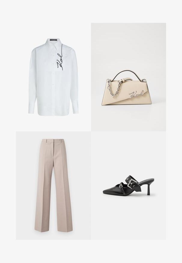 Balta medvilninė ilgomis rankovėmis marškinių chemise su sagų užsegimu priekyje, su kairėje krūtinės pusėje esančia kišenėle ir juodu "Karl" parašu išsiuvinėtu šone.; Švelnūs, smėlio spalvos plačiasijoniai pantalonai, pasiūti iš lygaus audinio, su aukšta juosmens linija, priekiniais raukšlėmis ir pritaikytu siluetu.; Juodos aukštakulnės mule bateliai su smailiu pirštu, pagaminti iš lygaus odos. Turi platų kulkšnies dirželį su kvadratiniu sidabro sagtimi ir skulptūromis.; Bežinė odinė rankinė su struktūrine trikampio forma, turinti sidabrinę grandinėlę ir metalinį bajorišką logotipą.