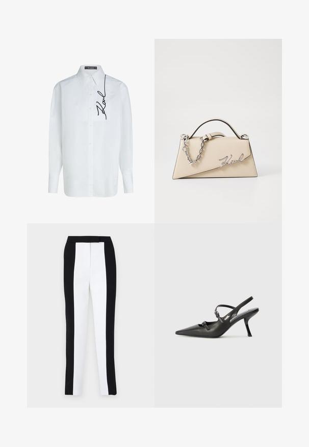 Camisa de algodón blanca de manga larga con botones en la parte delantera, que cuenta con un bolsillo en el pecho izquierdo y bordado negro de la firma "Karl" en el costado.; Pantalones ajustados de corte tapered en blanco y negro, con un ajuste slim y paneles en contraste. La tela tiene una textura suave; la cinturilla es plana y ajustada.; Tacones slingback de cuero negro con punta afilada, tacón delgado y detalle decorativo de hebilla en la parte superior. Textura suave y diseño elegante.; Bolso de mano de cuero beige con una forma triangular estructurada, que cuenta con un asa de cadena plateada y un logotipo en cursiva de metal.