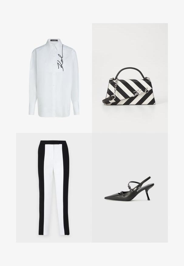 White cotton long-sleeve shirt with a button-up front, featuring a left chest pocket and black "Karl" signature embroidery on the side.; Black and white tapered trousers featuring a slim fit with contrasting panels. Fabric has a smooth texture; waistband is flat and fitted.; Black leather slingback heels with a pointed toe, slender heel, and decorative buckle detail on the vamp. Smooth texture and sleek design.; Black and white striped handbag with a structured shape, featuring a top handle, a detachable chain strap, and metallic logo accent.