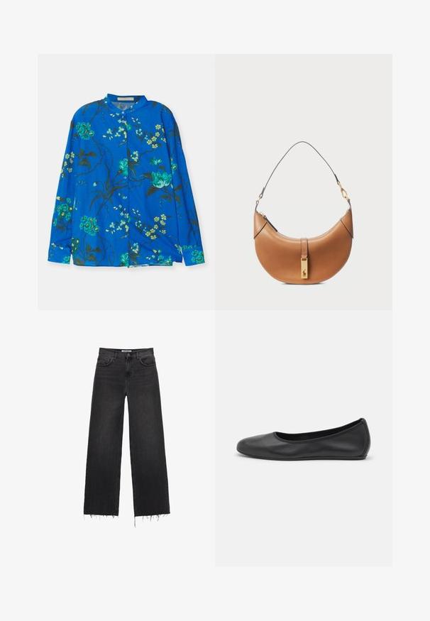 Camicia azzurra a maniche lunghe con motivo floreale in verde e giallo. Tessuto morbido, chiusura con bottoni e design senza colletto.; Jeans in denim nero a gamba larga con vita alta e orlo sfilacciato, design a cinque tasche e chiusura con bottone. Texture liscia con un finish sbiadito.; Pantofole da balletto nere in pelle con punta arrotondata, texture liscia, dettagli di cucitura minimi e design con suola flessibile.; Borsa a tracolla in pelle color nocciola con forma curva, hardware dorato e tracolla sottile. Presenta una chiusura con zip e dettagli con logo sulla parte anteriore.