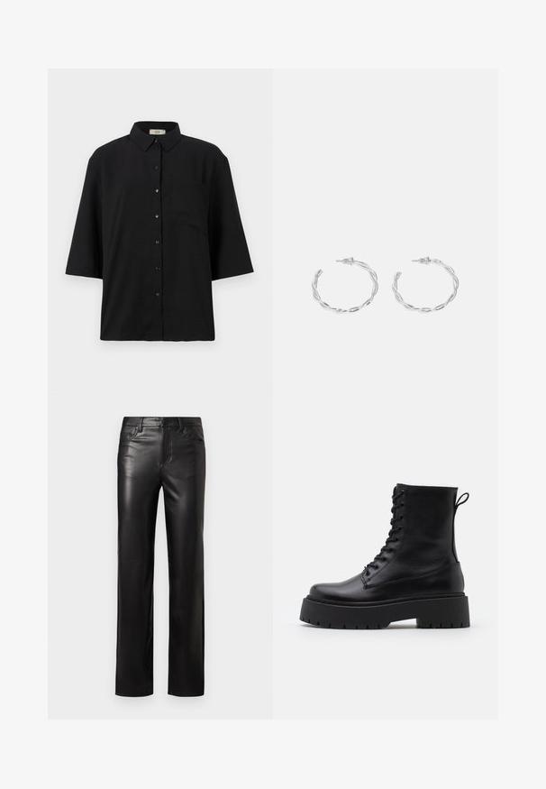 Čierna skrátená košeľa s krátkym rukávom z ľahkého materiálu. Obsahuje klasický golier a jeden vrecko na hrudi. Hladká textúra.; Čierne kožené nohavice so štandardným strihom, s uzáverom na gombík a prednými vreckami. Hladký povrch s jemnými detailmi šitia.; Čierne kožené členkové topánky s okrúhlou špičkou, šnurovaním vpredu a hrubou gumovou podrážkou s textúrovaným vzorom. Sťahovací pútko na zadnej strane.; Strieborné kruhové náušnice s prúteným dizajnom, s lešteným povrchom a zapínaním na kolíček. Majú priemer približne 3 cm.