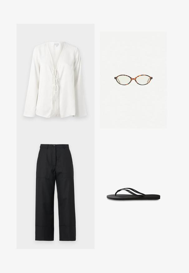 Bluză albă cu un decolteu adânc în V, mâneci lungi și un detaliu cu legare în față. Fabricată dintr-un material neted și ușor, cu o croială lejeră.; Pantaloni negri, cu picior larg, confecționați dintr-un material neted. Au închidere cu nasture, buzunare frontale și linii curate. Poala este ușor evazată.; Încălțăminte tip flip-flop neagră cu o talpă din cauciuc texturat, două bretele subțiri și un detaliu discret, embosat cu logo pe bretea.; Ochelari cu ramă din tartan, cu lentile ovale și un finisaj elegant, neted. Prezintă margini subțiri cu o curbură subtilă la tâmple. Lentile clare.