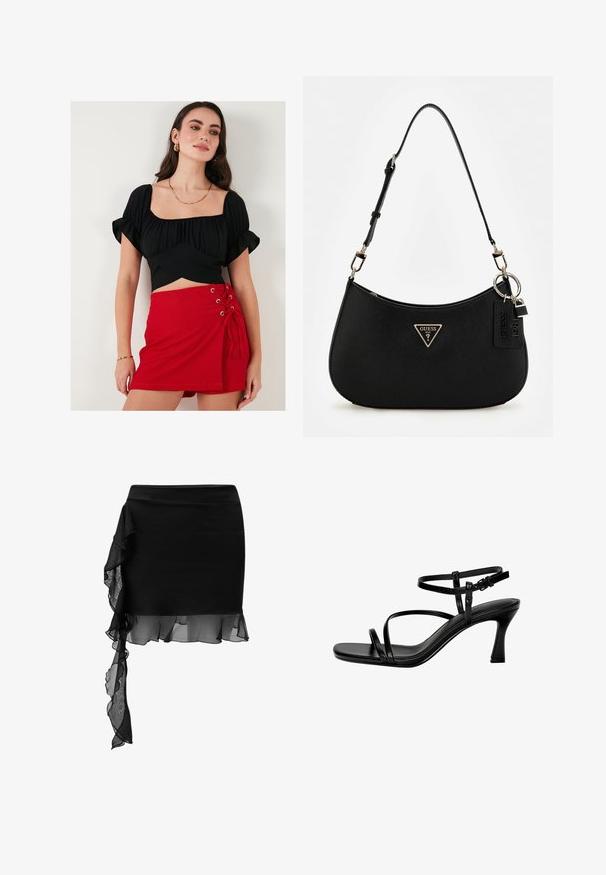 Zwarte crop top met puff mouwen en een vierkante halslijn, gecombineerd met een rode minirok met vetersluiting en oogjes aan de zijkant.; Zwarte rok met een getailleerd ontwerp, voorzien van een doorschijnende volantdetail dat asymmetrisch van de taille naar de zoom valt. Gladde textuur.; Zwarte leren sandaaltjes met hak, voorzien van dunne bandjes, een vierkante teen en een stilettohak. Verstelbare enkelband voor de juiste pasvorm. Glad textuur.; Zwarte synthetische schoudertas met een gebogen silhouet, textuurafwerking, gouden driehoeklogo en afneembare hardwareaccenten.