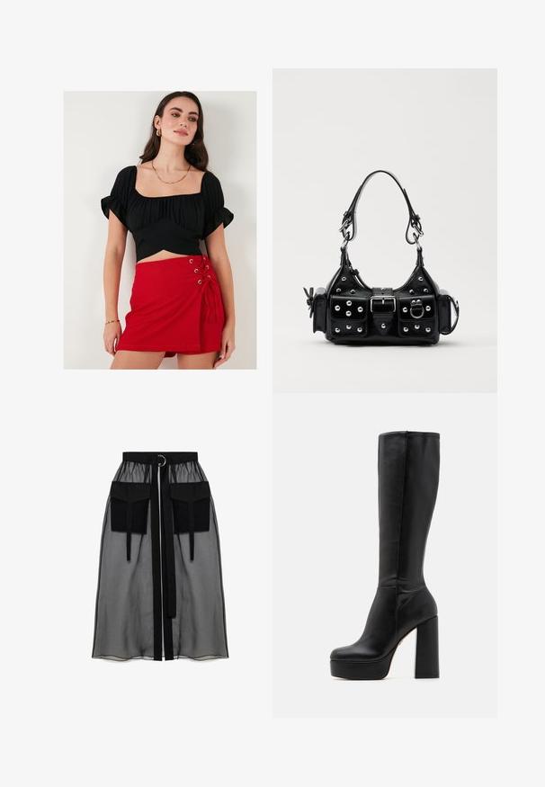 Zwarte crop top met puff mouwen en een vierkante halslijn, gecombineerd met een rode minirok met vetersluiting en oogjes aan de zijkant.; Zwarte doorschijnende rok met een verzameld tailleband, voorzien van twee grote voorzakken, een tailleband met strik en een ronde metalen accent.; Zwarte kniehoge laarzen van glad leer met een gestructureerde afwerking, voorzien van een hoge blokhak en een ronde neus.; Zwarte lederen handtas met een gebogen ontwerp, voorzien van zilveren studs, een gesp en twee zijvakken. Verstelbare schouderband voor verschillende draagmogelijkheden.