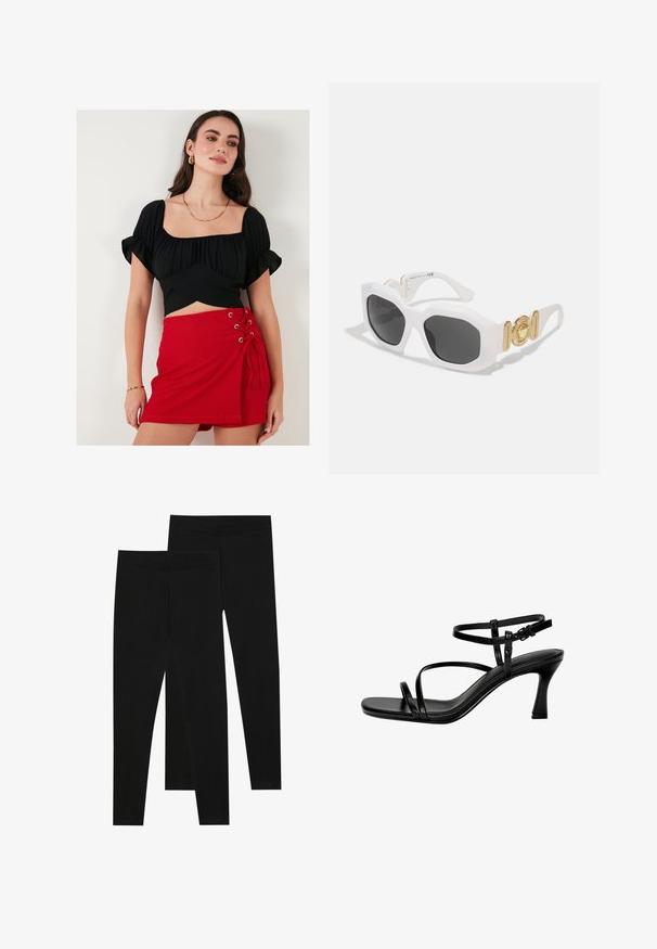 Schwarzes Crop-Top mit Puffärmeln und quadratischem Ausschnitt, kombiniert mit einem roten Minirock mit Schnürdetails und Ösen an der Seite.; Schwarze Leggings aus dehnbarem Stoff, mit einem nahtlosen Bund und einer schmalen Passform, geeignet für Freizeit oder Sport.; Schwarze Leder-Sandalen mit Absatz, ausgestattet mit dünnen Riemen, einer quadratischen Zehenpartie und einem Stiletto-Absatz. Verstellbarer Knöchelriemen für eine optimale Passform. Glatte Textur.; Weiße achteckige Sonnenbrille mit dunklen Gläsern. Verfügt über goldene Hardware-Akzente und ein strukturiertes Design an den Bügeln.; Schwarze synthetische Schultertasche mit geschwungenem Silhouette, strukturiertem Finish, goldenem Dreiecks-Logo und abnehmbaren Hardware-Akzenten.