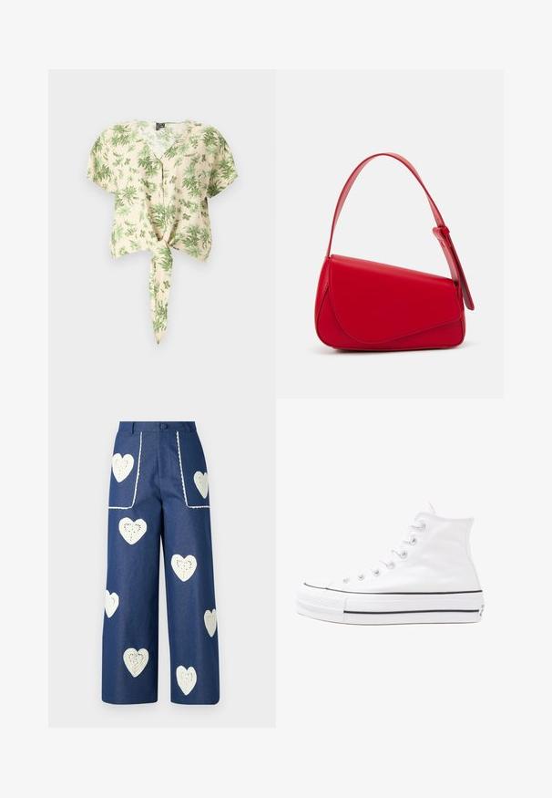 Camicetta beige a maniche corte con motivi di foglie verdi, caratterizzata da una chiusura frontale con bottoni e un dettaglio di orlo annodato. Realizzata in tessuto leggero.; Sister Jane HEART TO HEART - Jeans a sigaretta - blue denim; Sneaker alta in tela bianca con suola in gomma nera, punta in gomma frontale e sei asole per i lacci, caratterizzata da un design pulito e minimalista.; Borsa a tracolla in pelle rossa con un design angolare e geometrico. Presenta una singola tracolla regolabile e una chiusura a patta con dettagli cuciti.